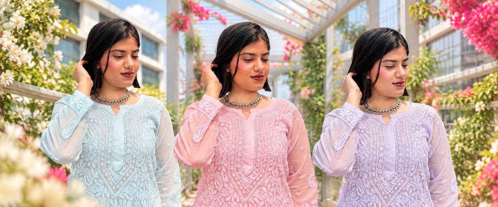 Hand-embroidered Chikankari short kurtas in ice blue, blush pink and lavender