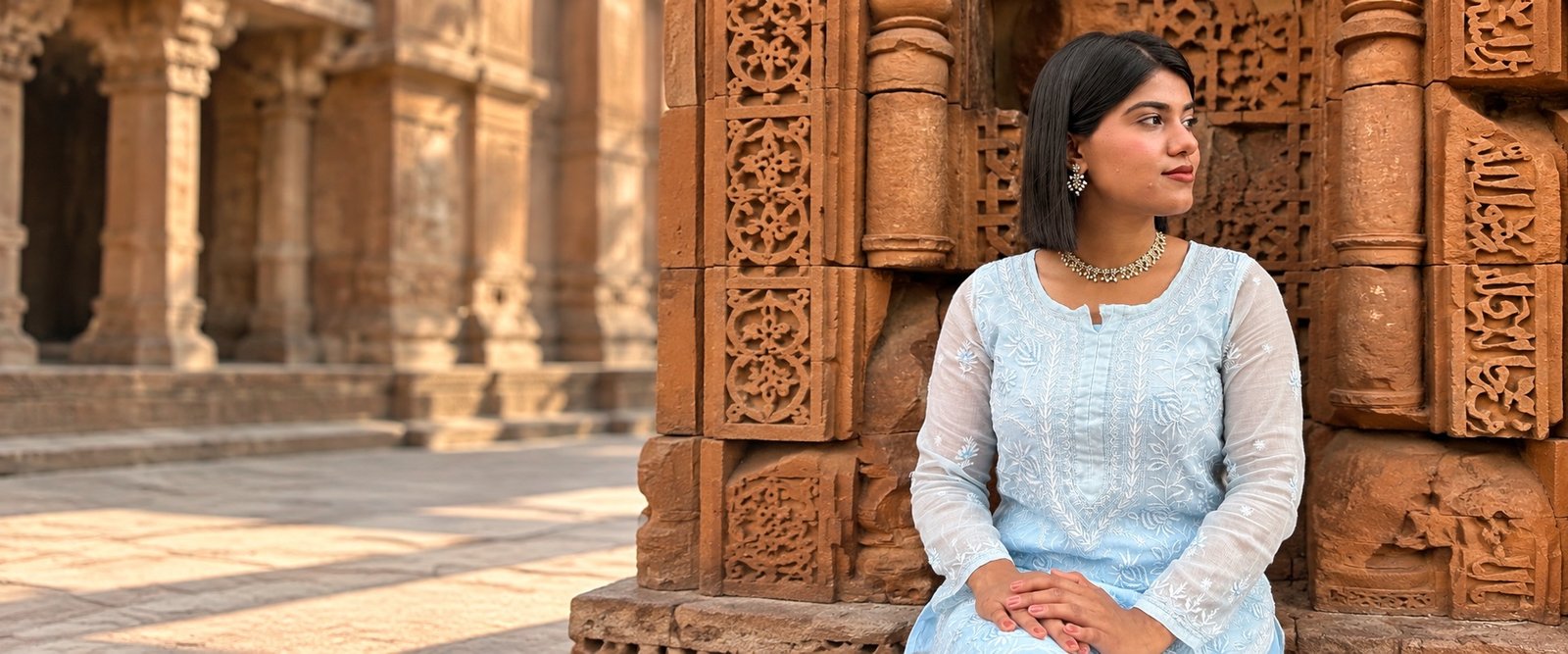 Model in a powder blue hand-embroidered Chikankari kurta at a heritage monument