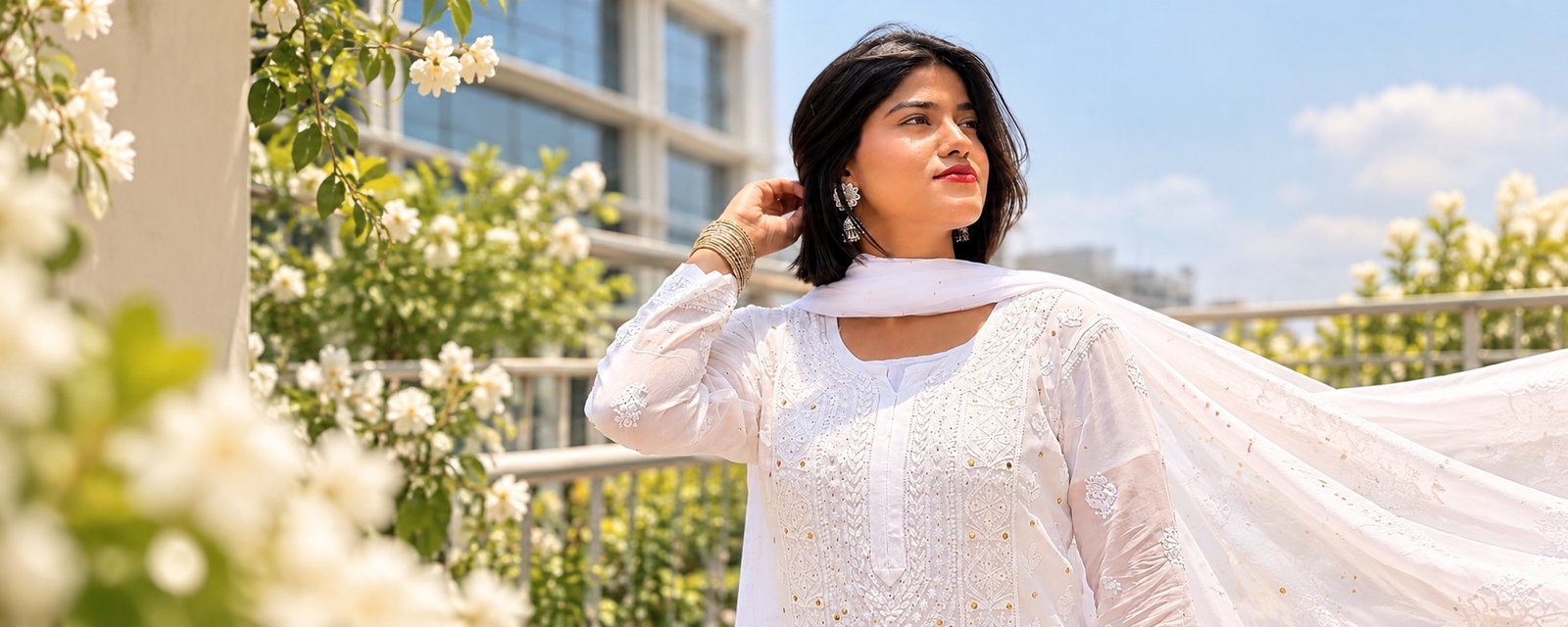 Model in a white Chikankari kurta set with Mukesh work and dupatta