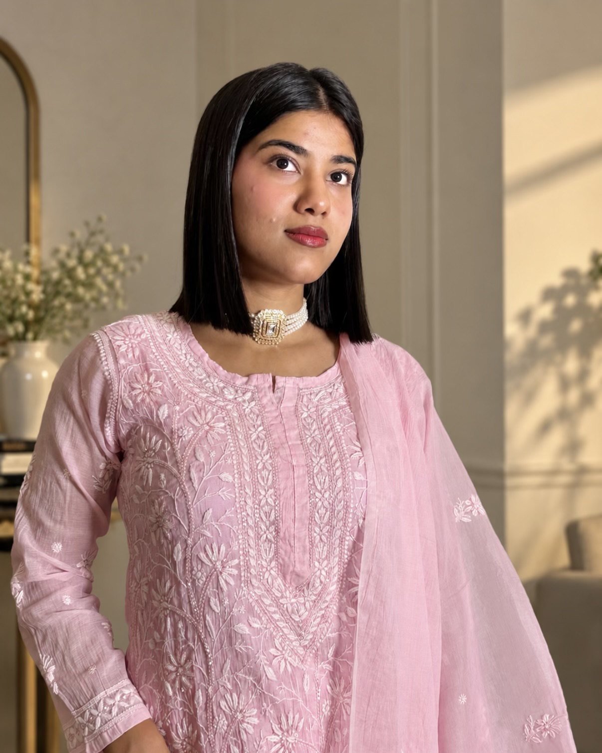 Model in the Chaand Si Chanderi pink Chikankari set by Unique Creation