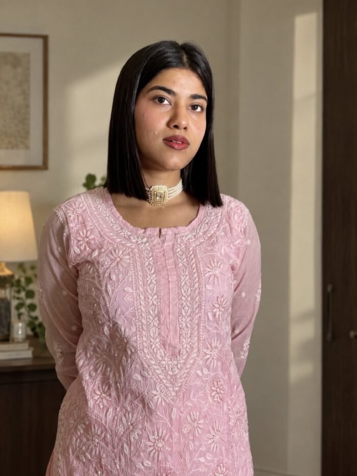 Chaand Si Chanderi in Pink - hand-embroidered Chikankari by Unique Creation