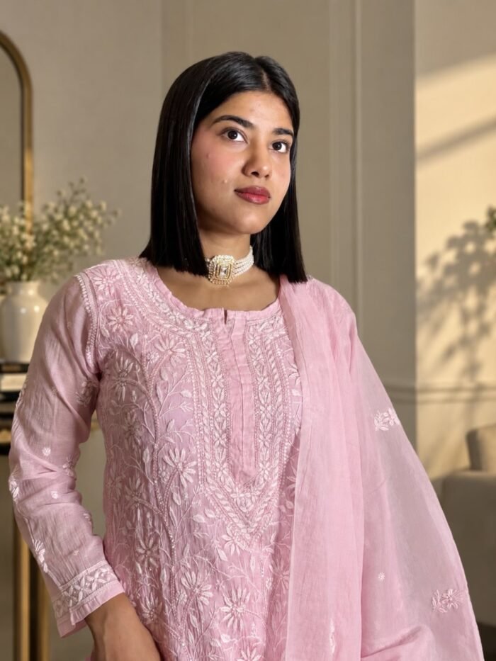 Chaand Si Chanderi in Pink - hand-embroidered Chikankari by Unique Creation