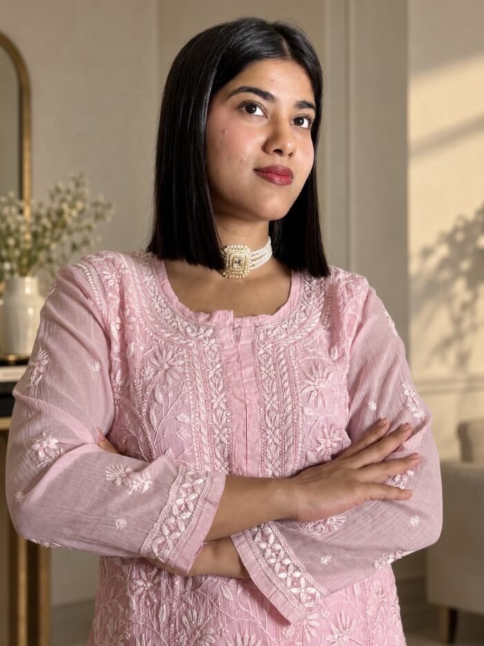 Chaand Si Chanderi in Pink - hand-embroidered Chikankari by Unique Creation