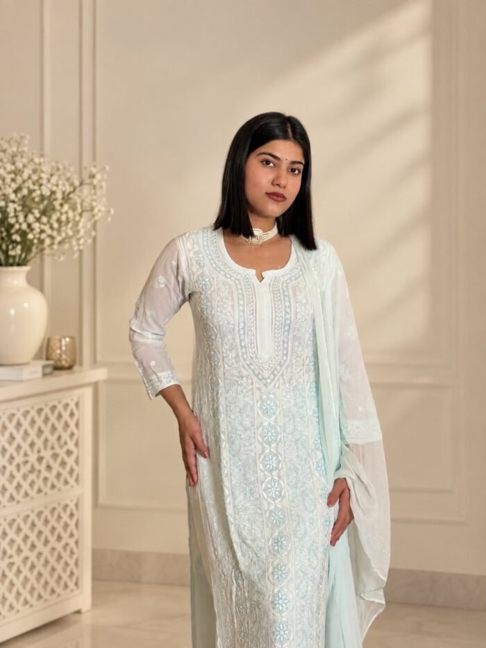 Firoza Mist in Firoza Mist - hand-embroidered Chikankari by Unique Creation