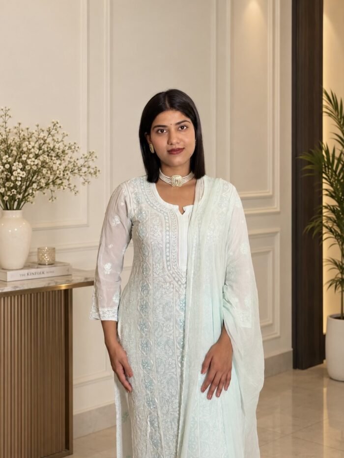 Firoza Mist in Firoza Mist - hand-embroidered Chikankari by Unique Creation