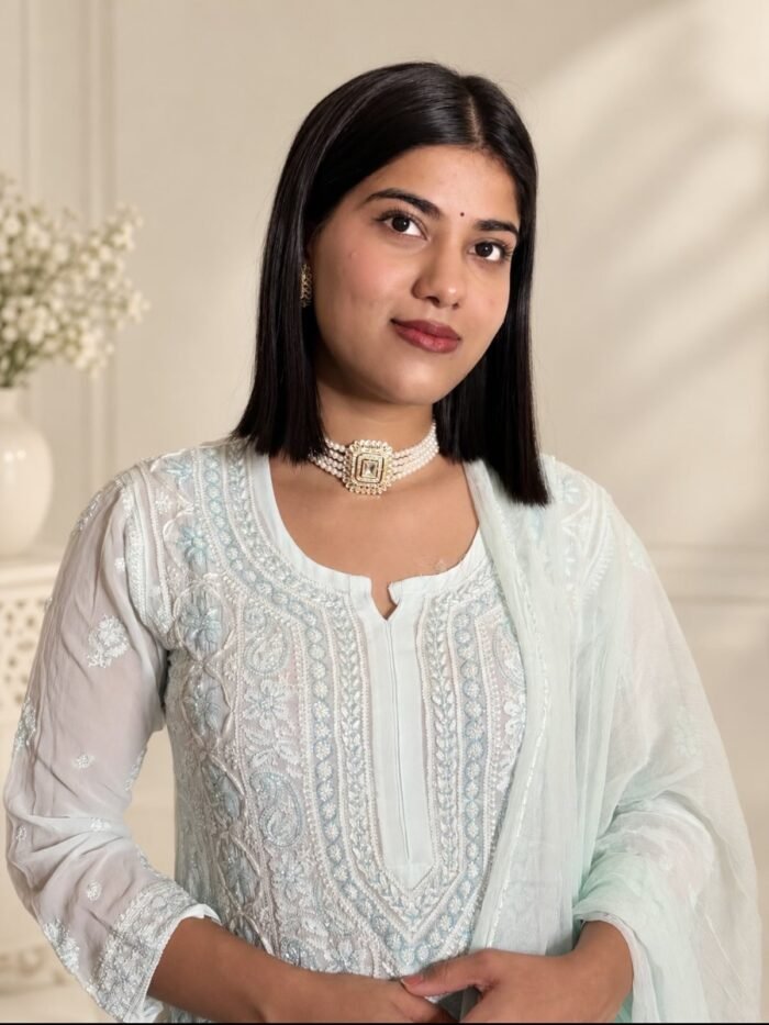 Firoza Mist in Firoza Mist - hand-embroidered Chikankari by Unique Creation