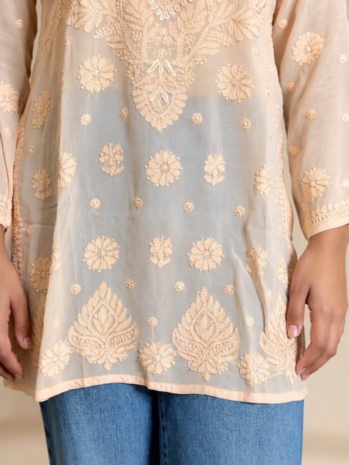 Gulabon Ki Gala Booti in Champagne Peach - hand-embroidered Chikankari by Unique Creation