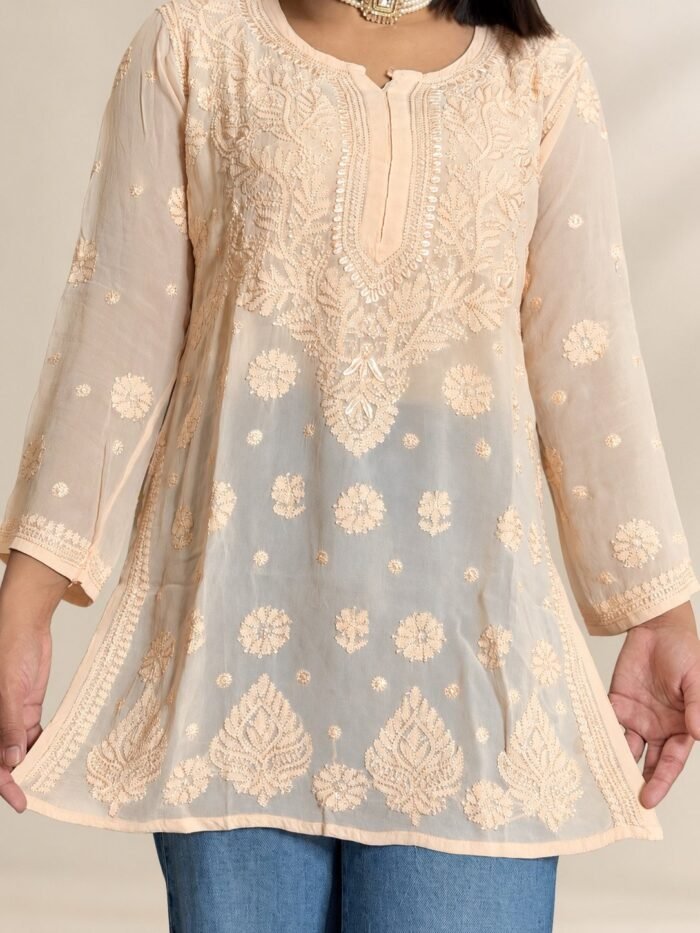 Gulabon Ki Gala Booti in Champagne Peach - hand-embroidered Chikankari by Unique Creation