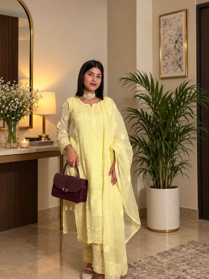 Gulmehar in Soft Pastel Yellow - hand-embroidered Chikankari by Unique Creation