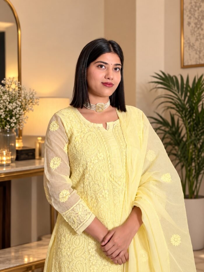 Gulmehar in Soft Pastel Yellow - hand-embroidered Chikankari by Unique Creation