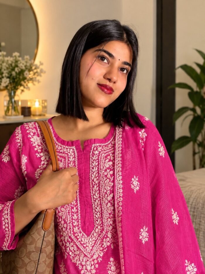 Kota Nazakat in Fuchsia Pink - hand-embroidered Chikankari by Unique Creation