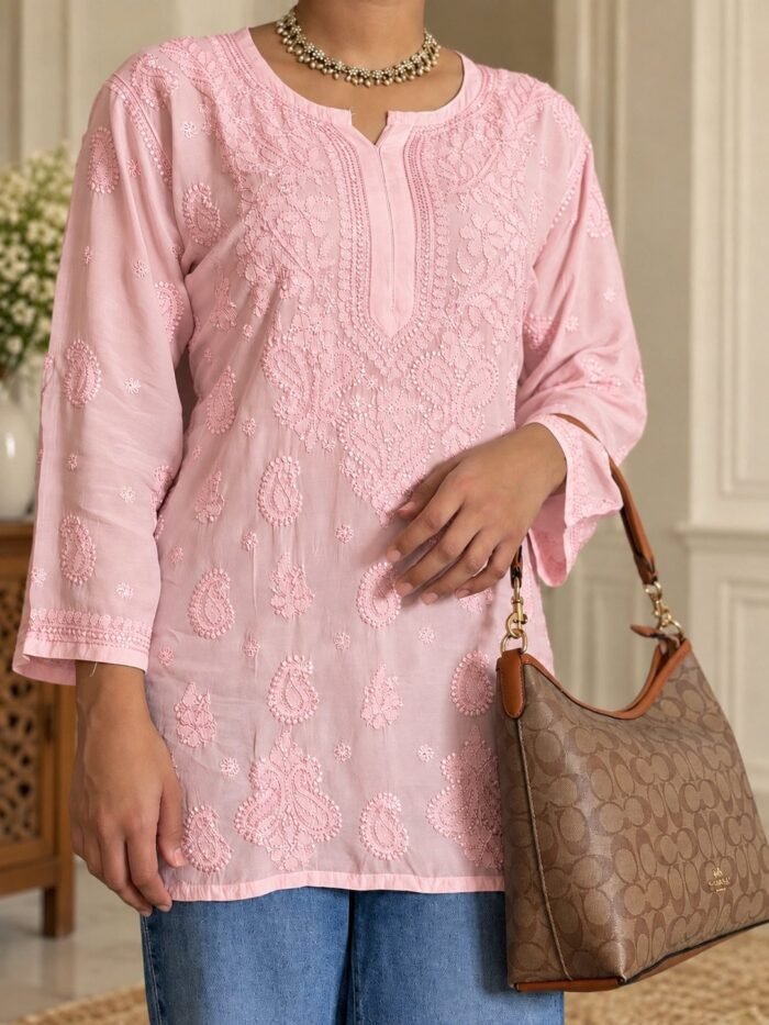 Mera Muslin in Blush Pink - hand-embroidered Chikankari by Unique Creation