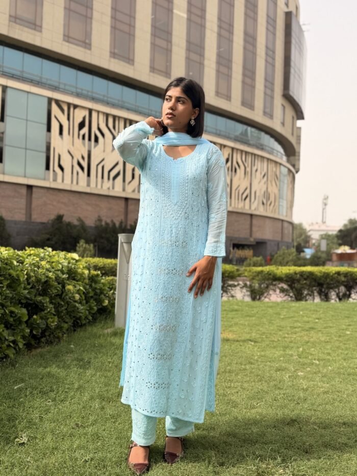 Mukesh Noor in Soft Aqua Blue - hand-embroidered Chikankari by Unique Creation