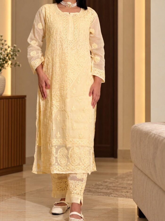 FIZA Pure Kota Doria Hand Embroidered Chikankari 4 Piece Set in Butter Yellow - hand-embroidered Chikankari by Unique Creation