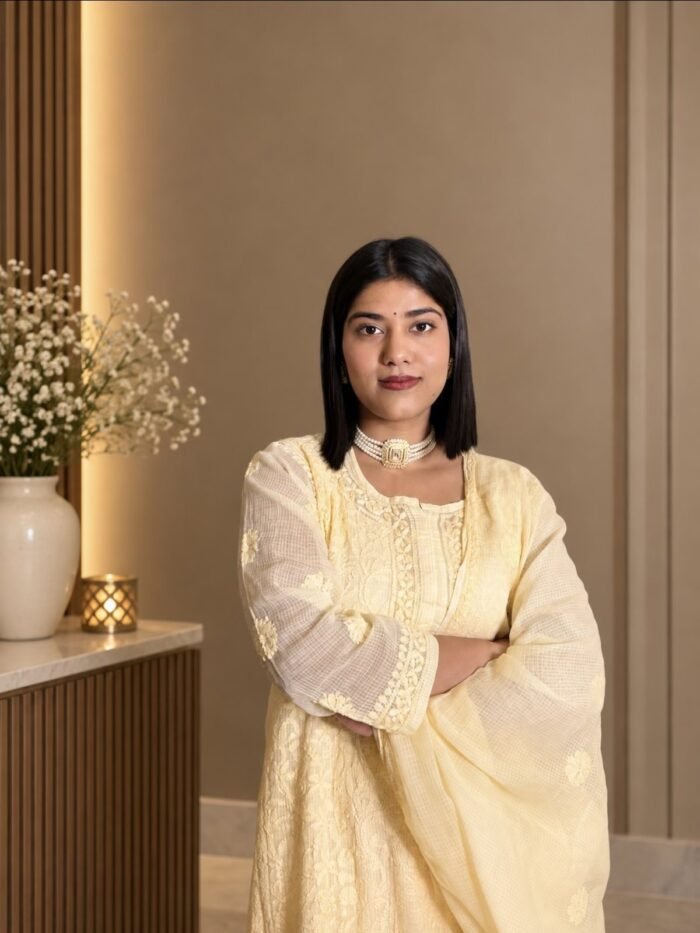 FIZA Pure Kota Doria Hand Embroidered Chikankari 4 Piece Set in Butter Yellow - hand-embroidered Chikankari by Unique Creation