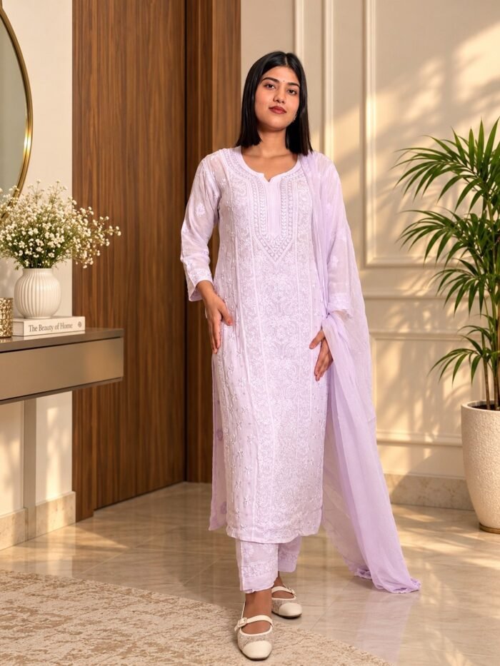 Rang-e-Lavender in Lavender - hand-embroidered Chikankari by Unique Creation