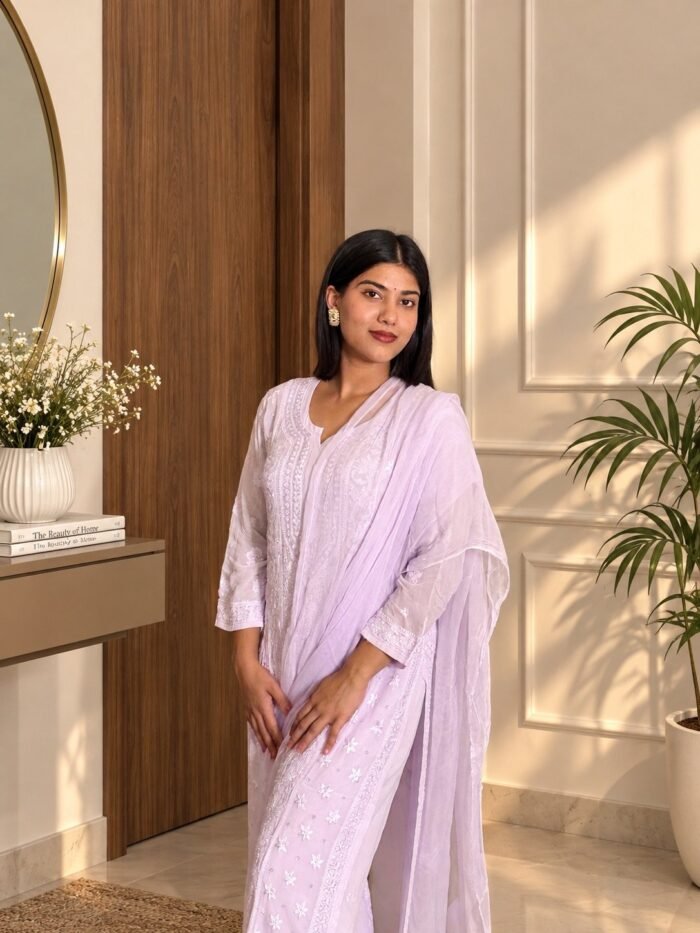 Rang-e-Lavender in Lavender - hand-embroidered Chikankari by Unique Creation