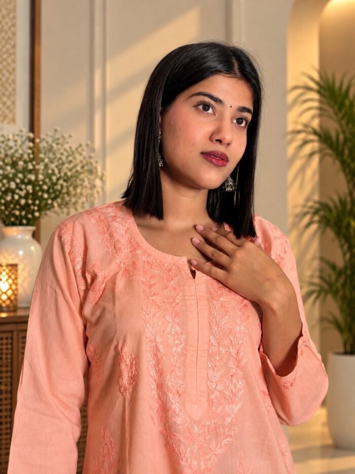 Shaan-e-Mul Mul in Peach - hand-embroidered Chikankari by Unique Creation