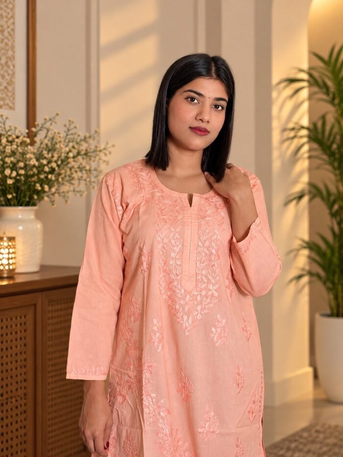 Shaan-e-Mul Mul in Peach - hand-embroidered Chikankari by Unique Creation